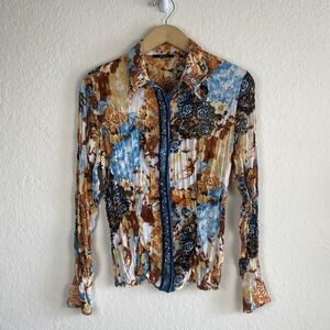 Vtg Belissimo L Crinkle Top Long Sleeve Whimsigoth Romantic Beaded Indie 90s